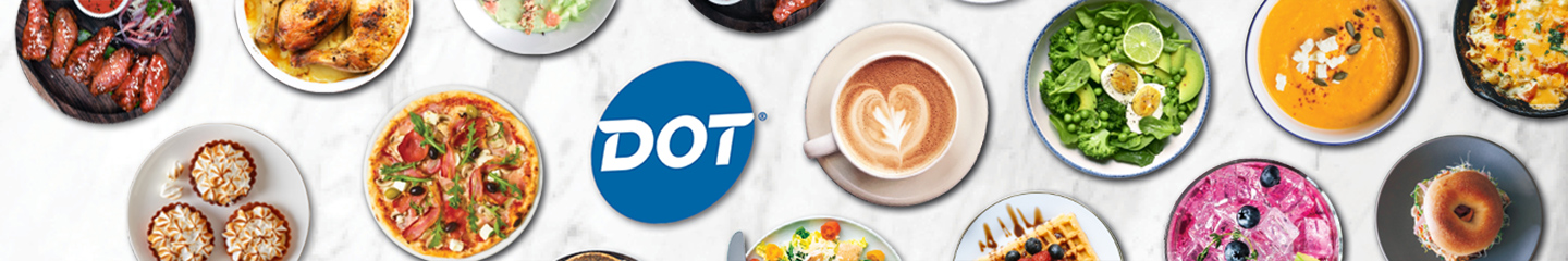 Plates of food surrounding the Dot Foods blue logo